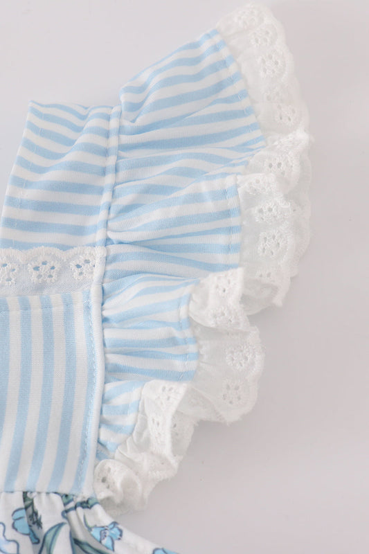 Blue bow & lace print ruffle dress
