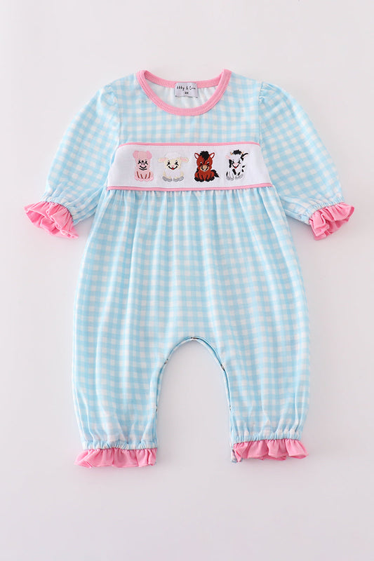 Blue farm embroidery gingham ruffle romper