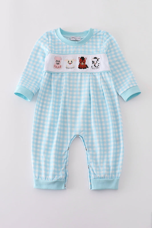 Blue farm embroidery gingham romper
