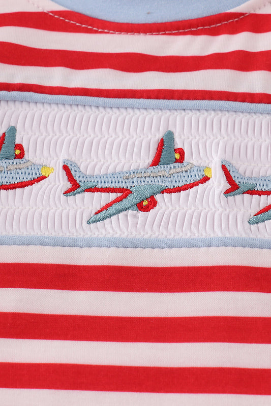 Red airplane embroidery stripe romper
