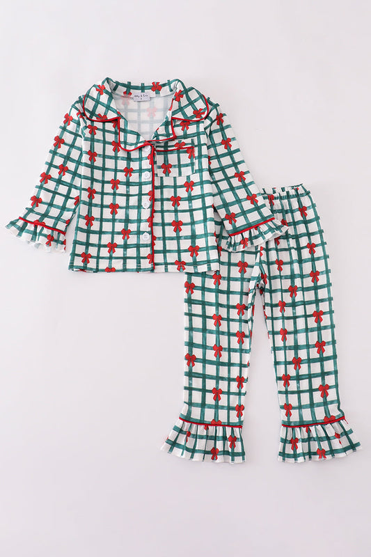 Green bow plaid ruffle pajamas set