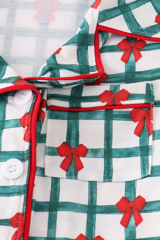 Green bow plaid ruffle pajamas set