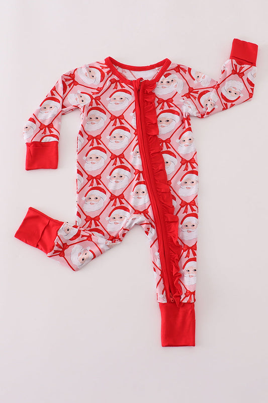 Red santa claus print bamboo pajamas ruffle romper