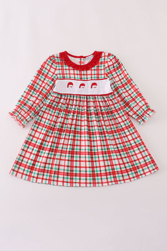 Red santa claus embroidery plaid ruffle dress