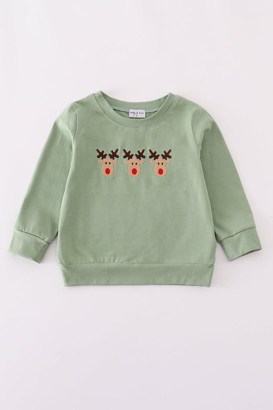 Green reindeer embroidery top