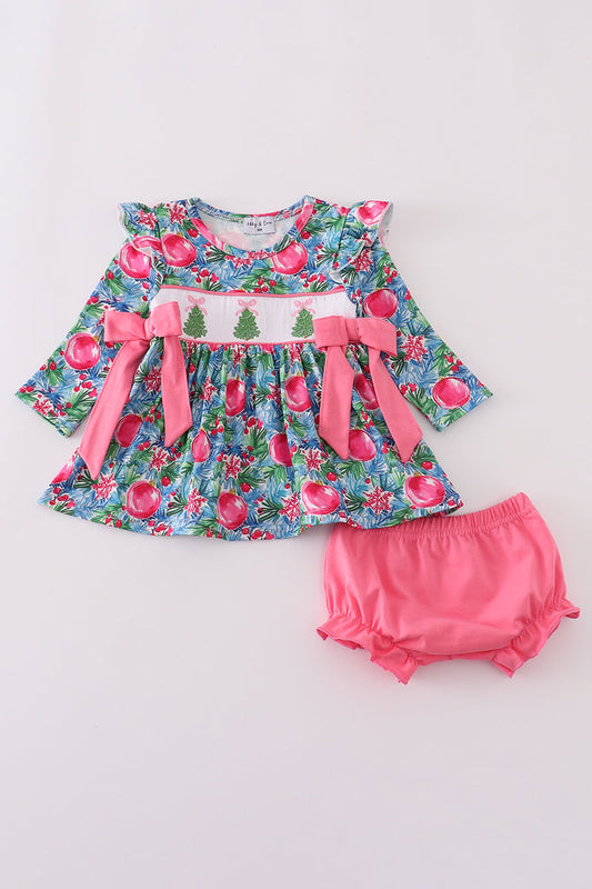 Blue christmas tree smocked ruffle bloomer set