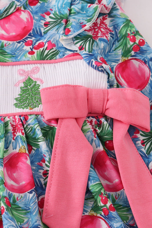 Blue christmas tree smocked ruffle bloomer set