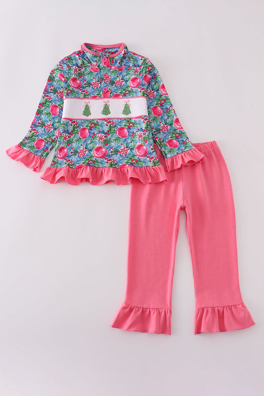 Blue christmas tree smocked ruffle pants set