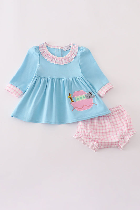 Blue Noah's Ark applique ruffle bloomer set