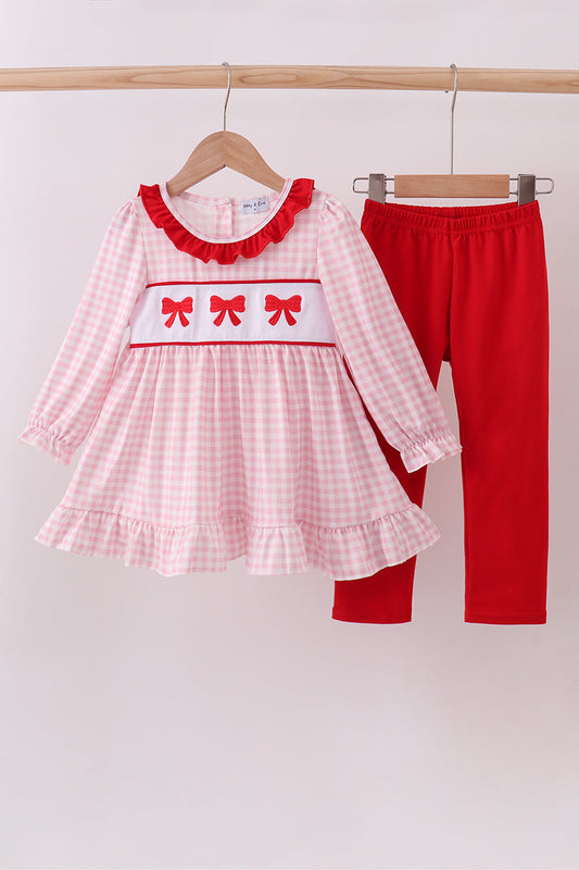 Pink bow embroidery gingham ruffle pants set