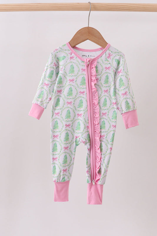 Green christmas tree bamboo zipper ruffle romper