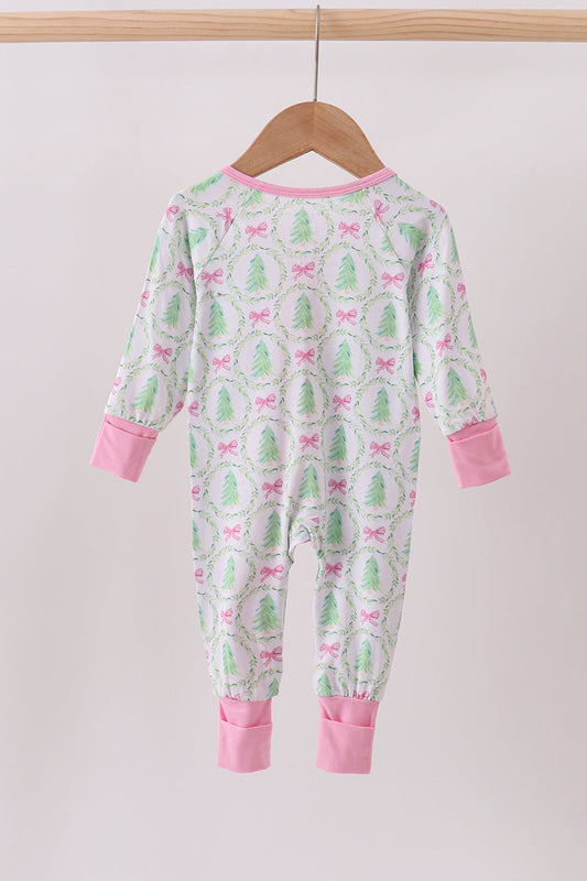 Green christmas tree bamboo zipper ruffle romper