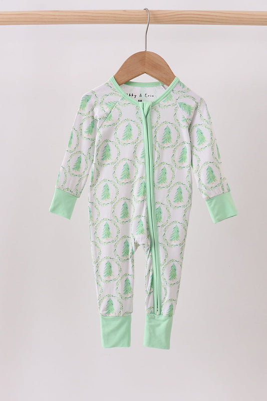 Green christmas tree bamboo zipper romper