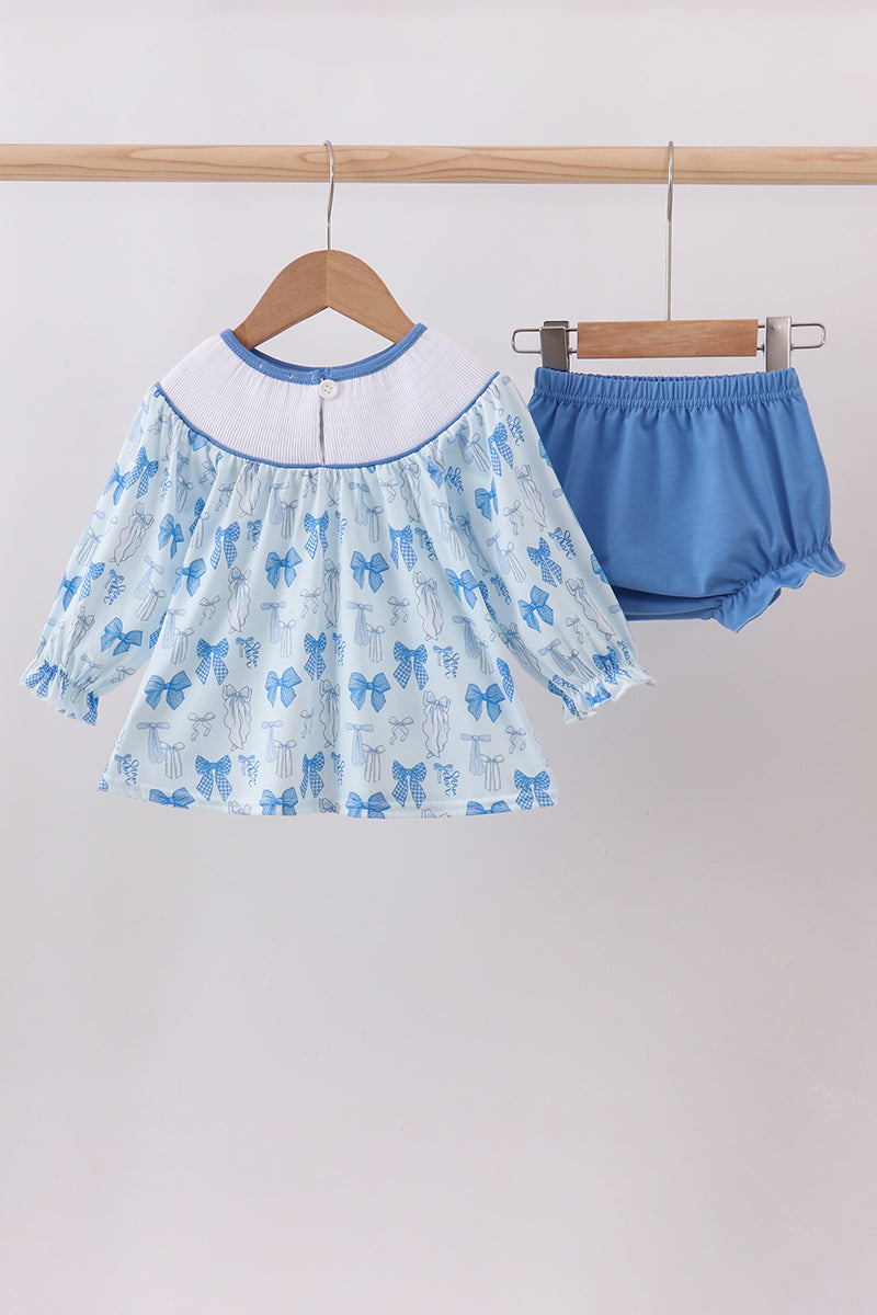 Blue bow smocked bloomer set