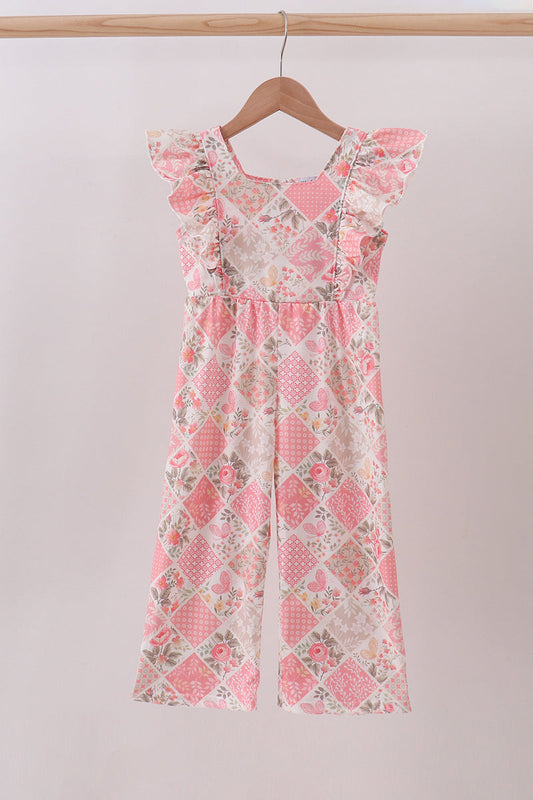 Pink floral checkered ruffle jumpsuit