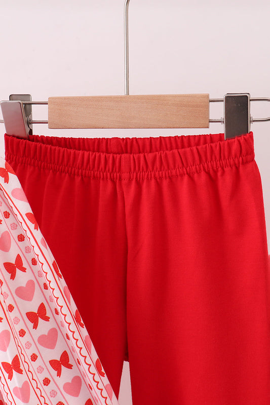 Red heart bow smocked ruffle pants set