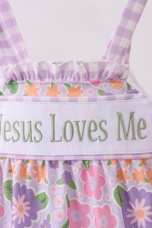 Purple floral Jesus loves me embroidery bubble