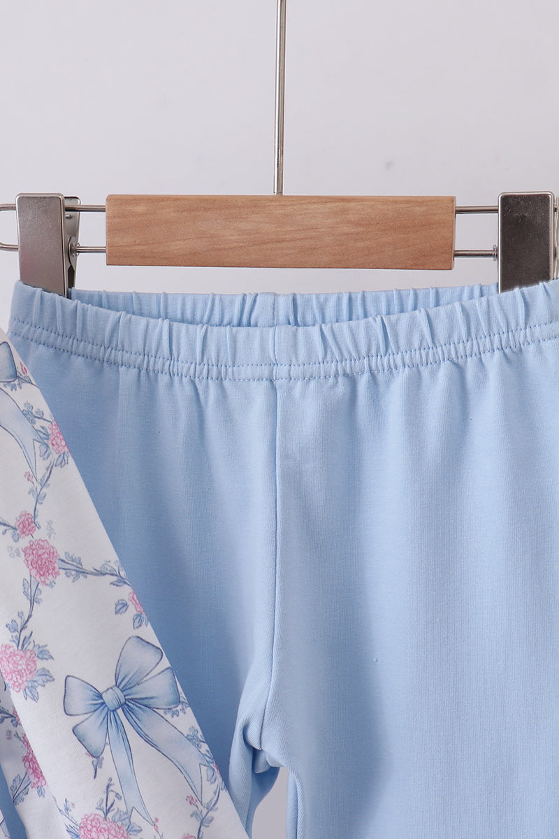 Blue bow floral smocked pants set