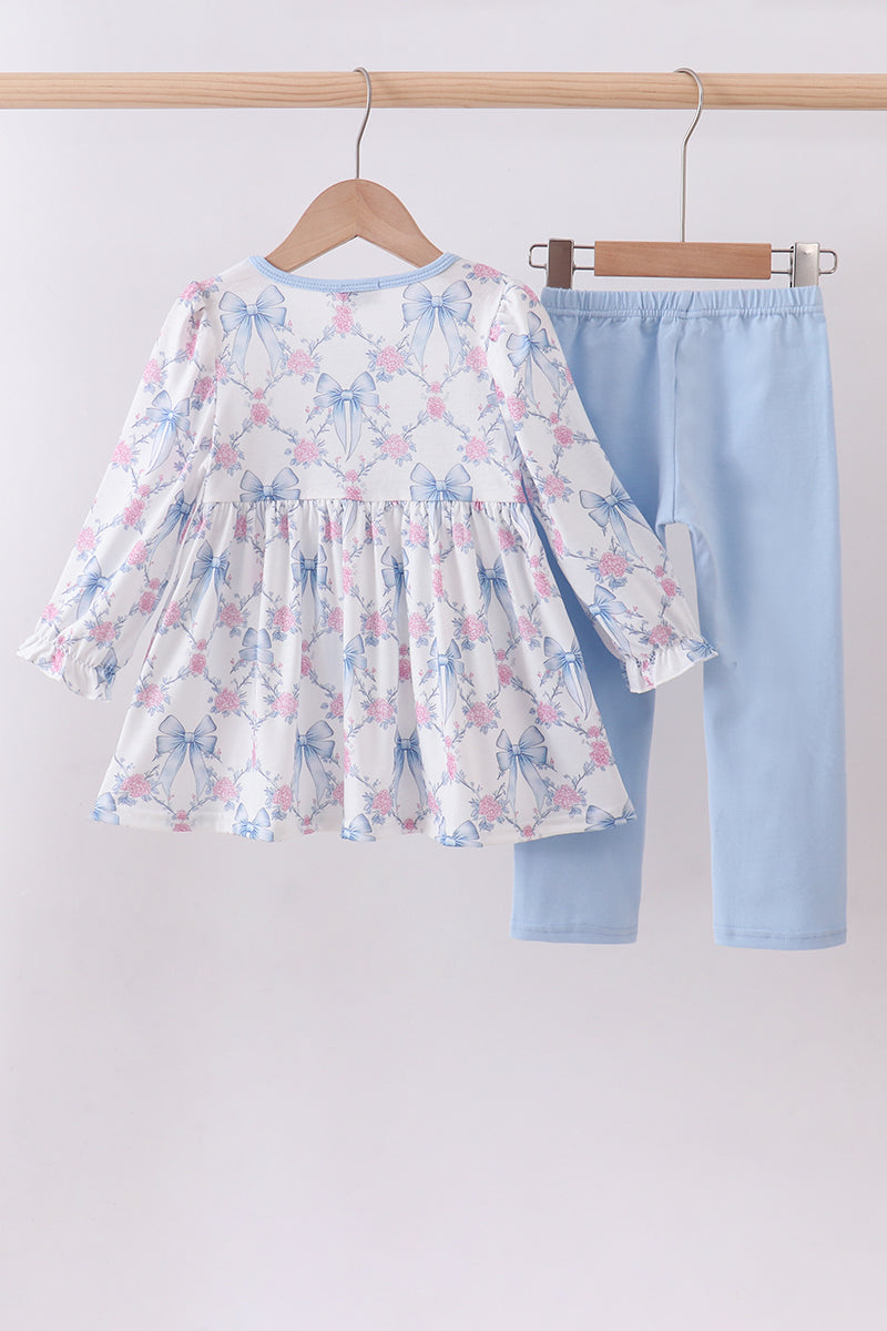 Blue bow floral smocked pants set