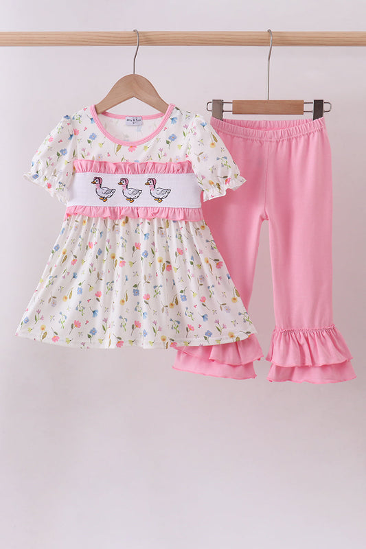 Pink duck embroidery ruffle pants set