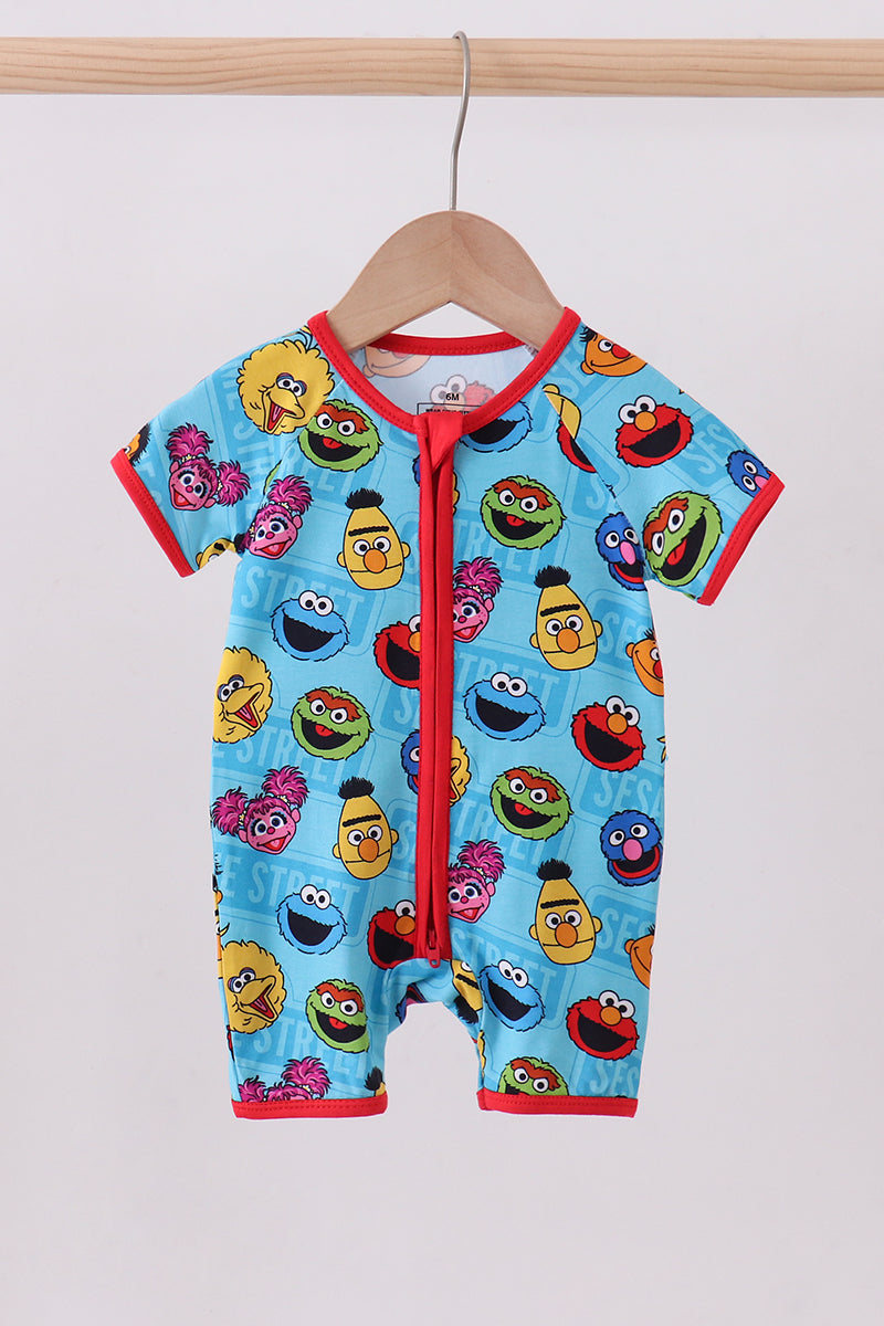 Blue character print bamboo romper
