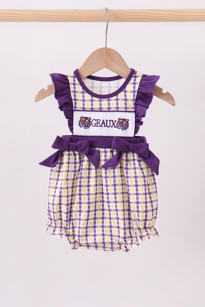 Purple LSU GEAUX smocked ruffle bubble