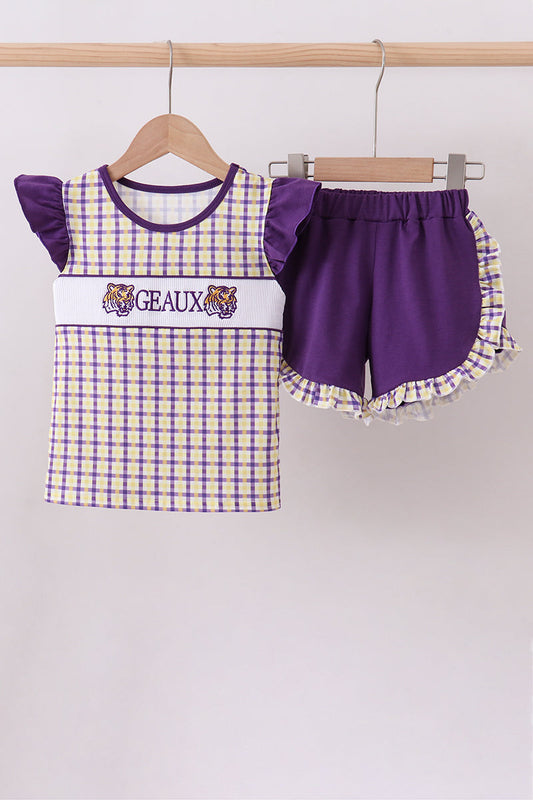 Purple LSU GEAUX smocked ruffle shorts set