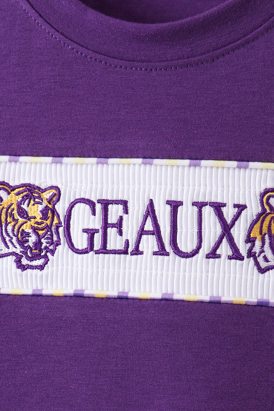 Purple LSU GEAUX smocked gingham shorts set