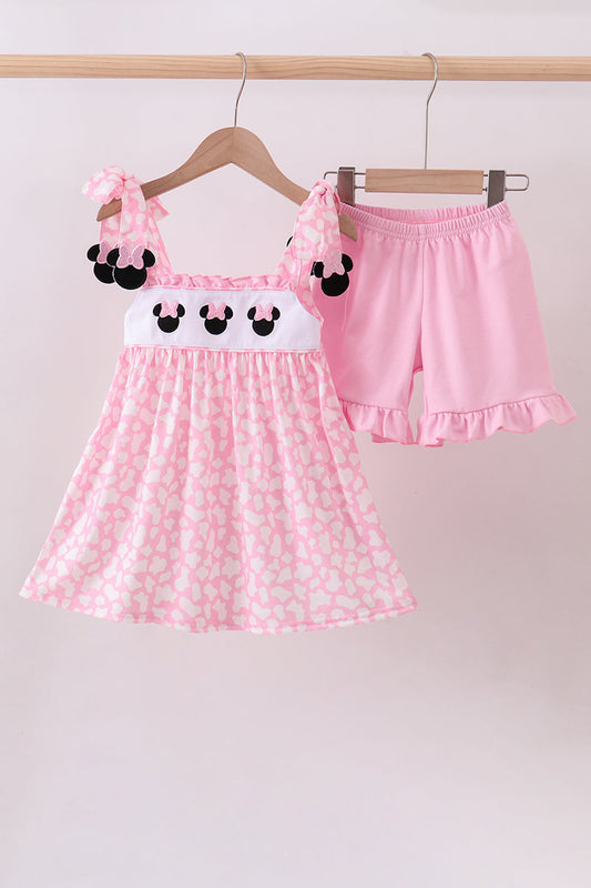 Pink character embroidery ruffle shorts set