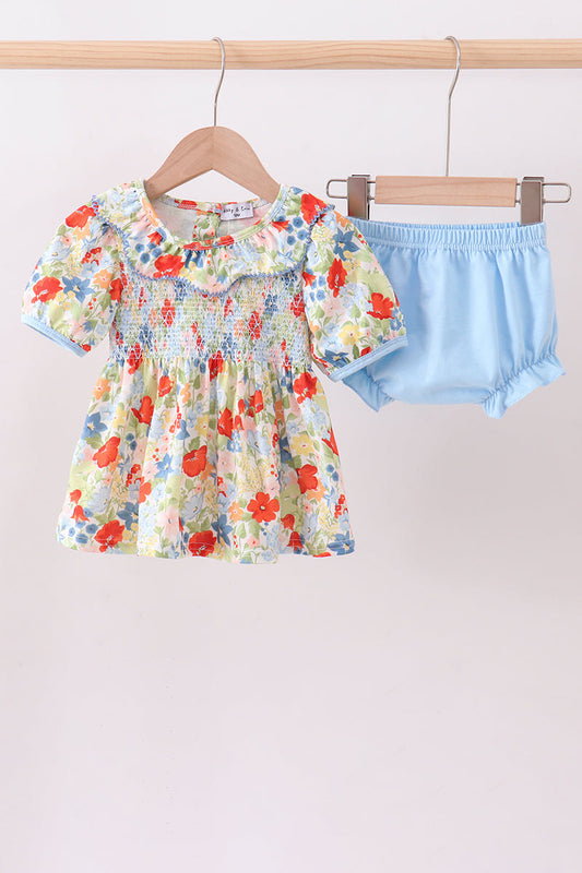 Floral smocked ruffle bloomer set