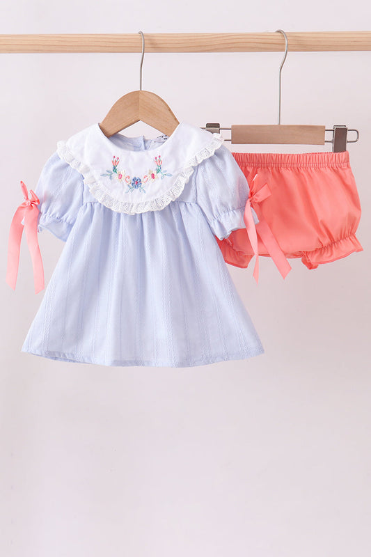 Blue jacquard floral embroidery bloomer set