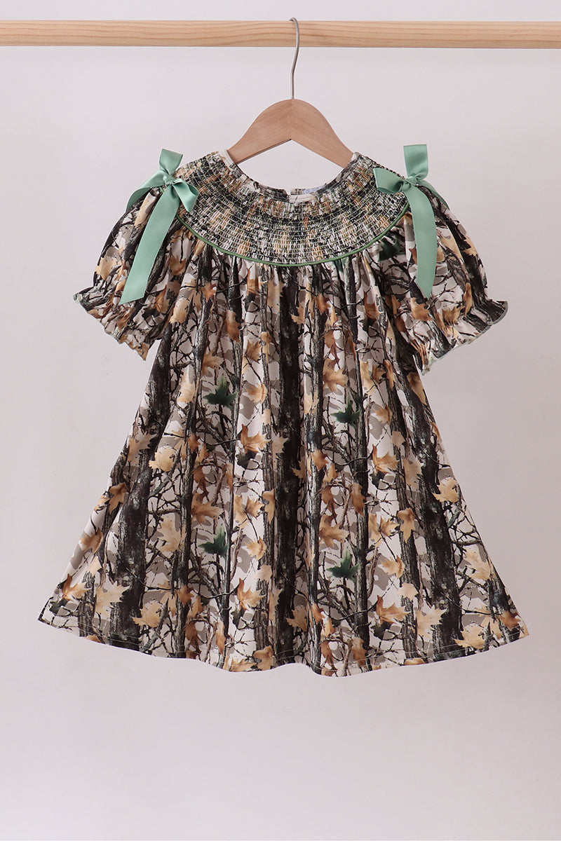 Camouflage smocked bow dress