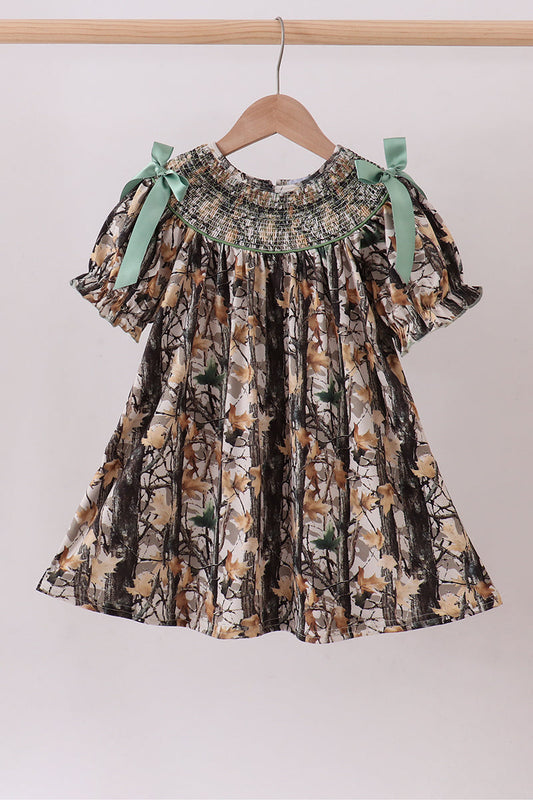 Camouflage smocked bow dress