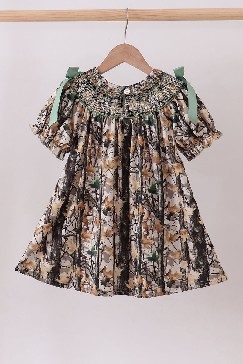 Camouflage smocked bow dress