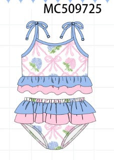 Blue bow floral ruffle 2pc swimsuit