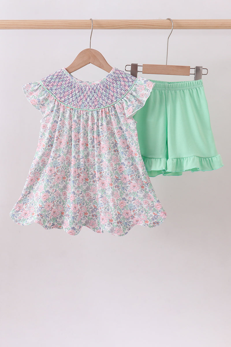 Green floral smocked ruffle shorts set