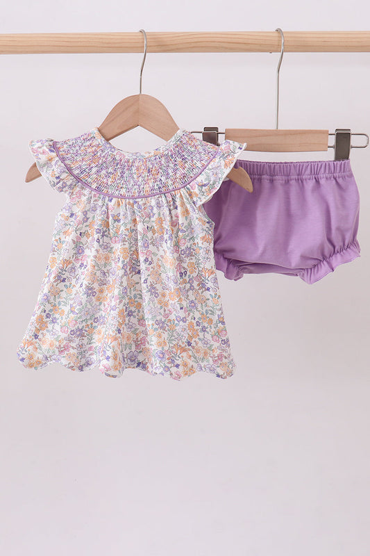 Purple floral smocked ruffle bloomer set