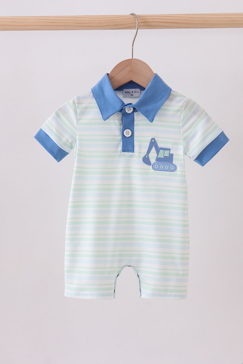 Blue stripe excavator embroidery stripe romper