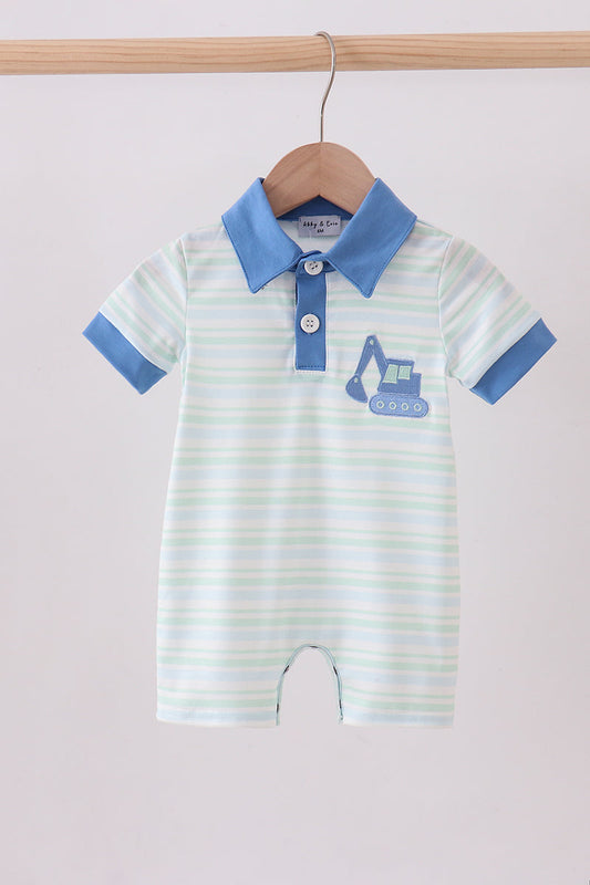 Blue stripe excavator embroidery stripe romper