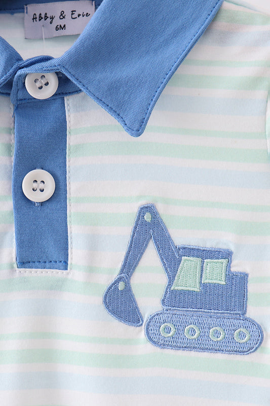 Blue stripe excavator embroidery stripe romper