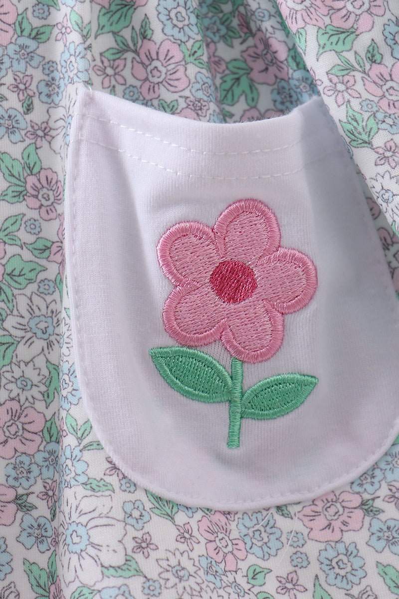 Green floral print ruffle shorts set