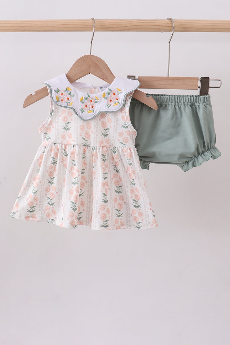 Sage floral ruffle bloomer set