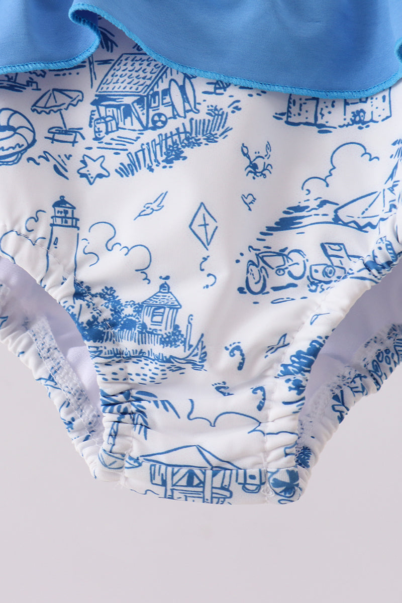 Blue beach sea turtle applique ruffle swimsuit