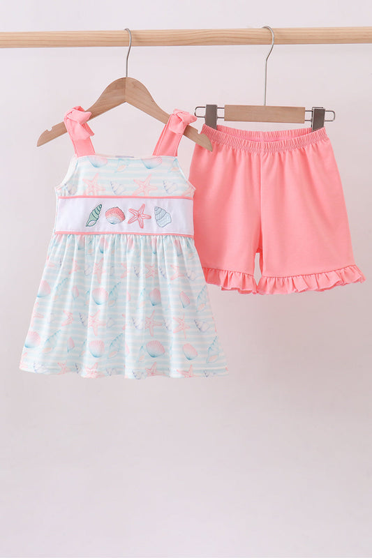 Pink shell starfish embroidery ruffle shorts set