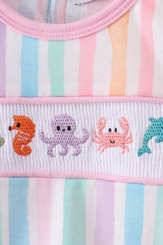 Multicolored stripe marine embroidery bloomer set