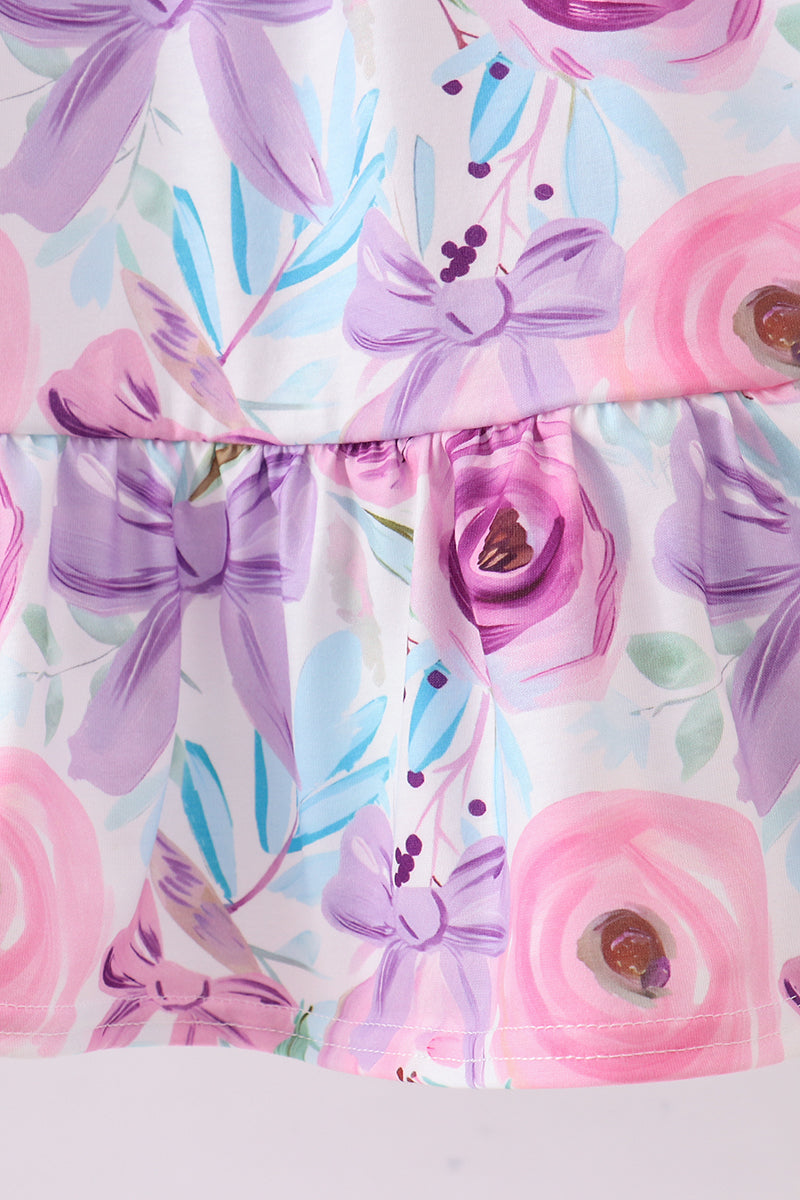 Purple floral print bow dress