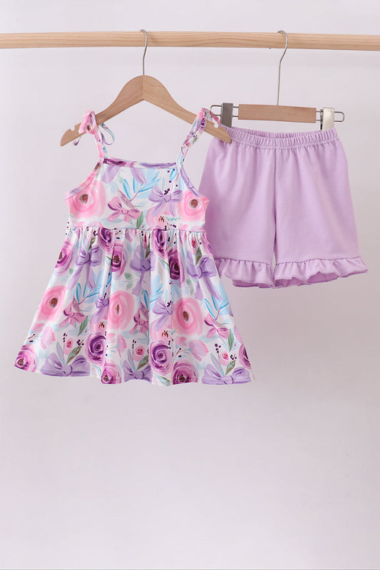Purple floral print bow ruffle shorts set