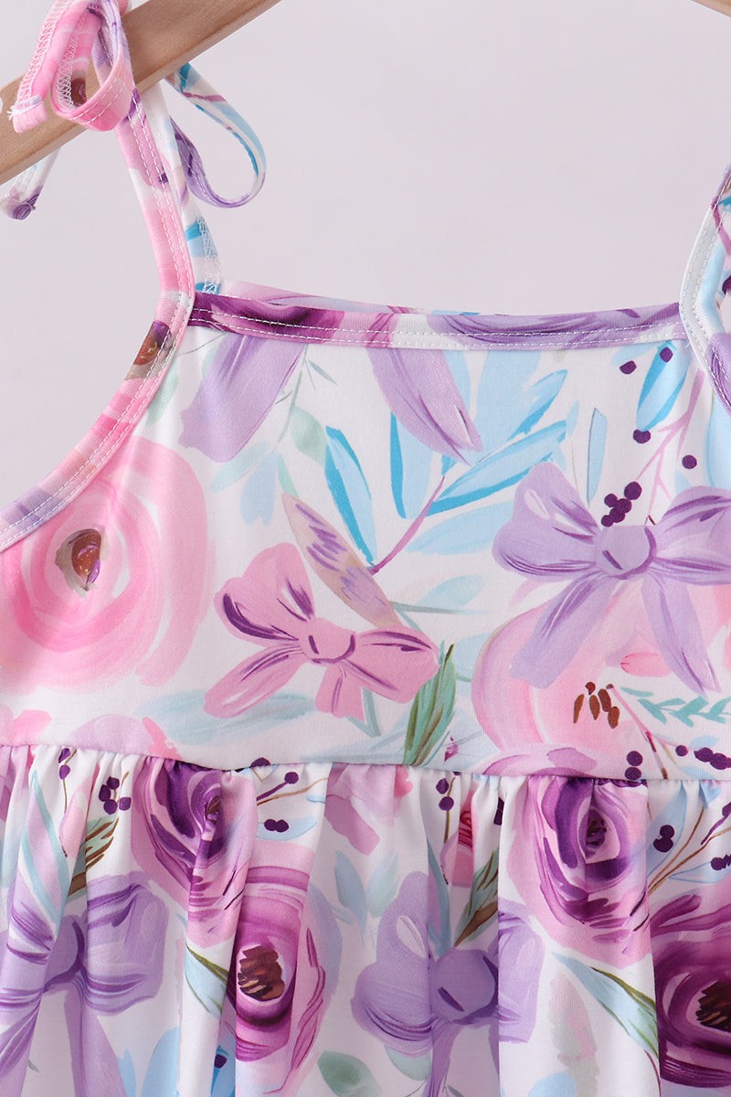 Purple floral print bow ruffle shorts set