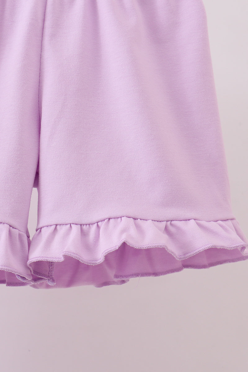 Purple floral print bow ruffle shorts set