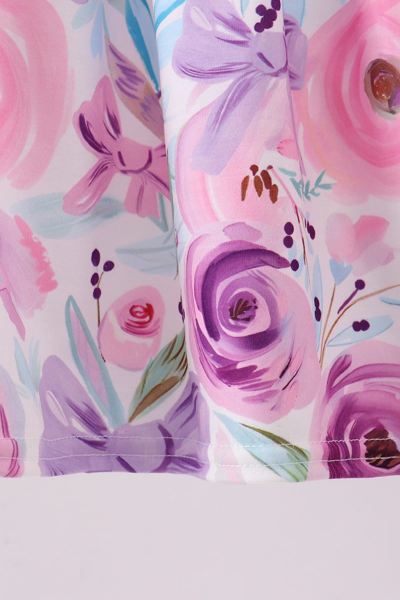 Purple floral print bow ruffle shorts set